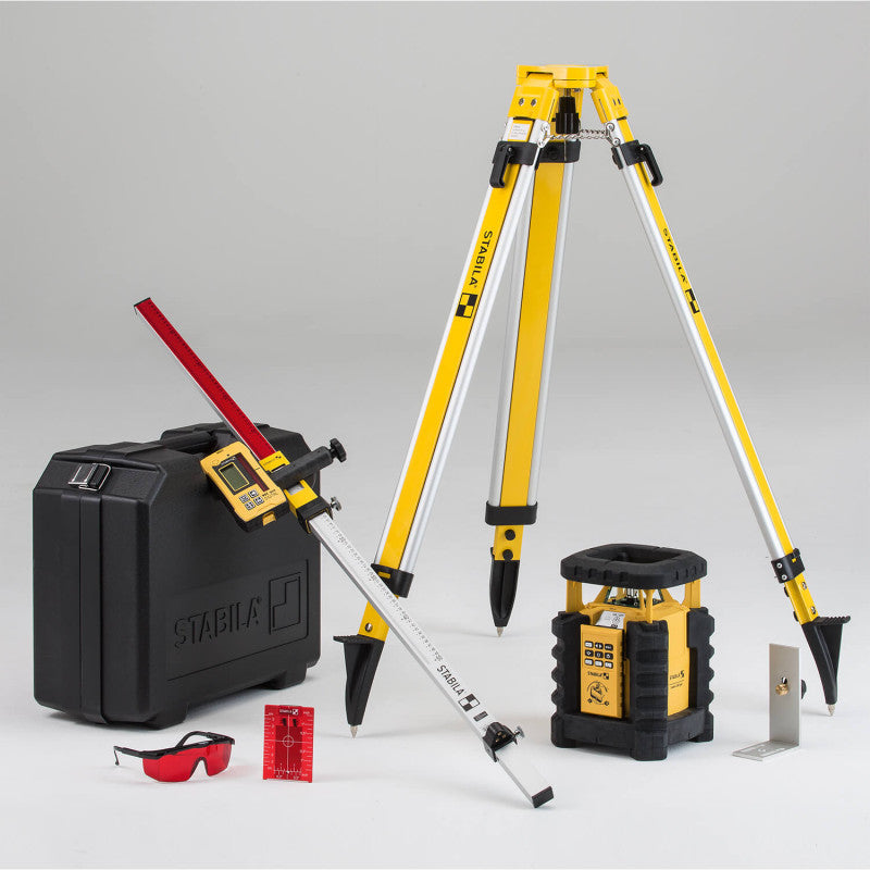 Ensemble de laser rotatif STABILA LAR 350 avec trépied, lunettes de protection et accessoires de mesure.
