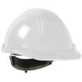 Casque de sécurité blanc avec une jugulaire noire, conçu pour la protection sur les chantiers de construction.