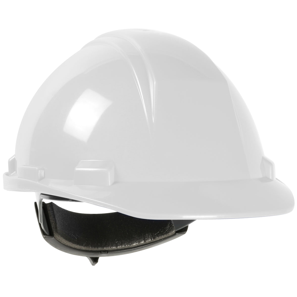 Casque de sécurité blanc avec une jugulaire noire, conçu pour la protection sur les chantiers de construction.