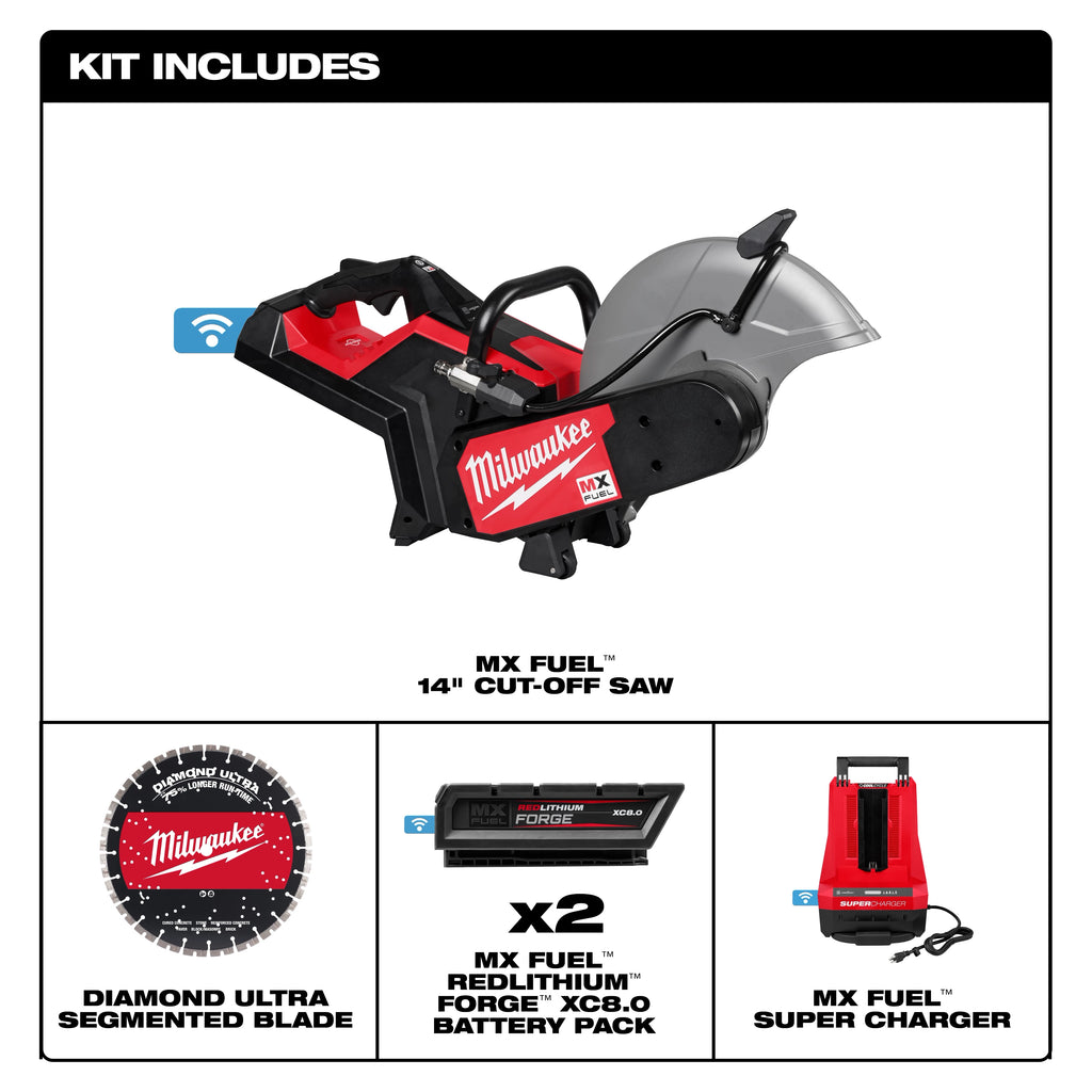 Scie à découper MX Fuel de 14 po avec lame segmentée Diamond Ultra, deux batteries Redlithium et chargeur.