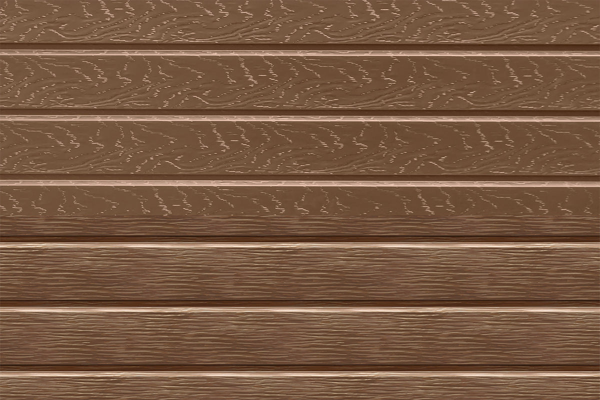 Revêtement en aluminium texturé imitant le bois, disposé horizontalement.
