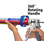 Pistolet à calfeutrer avec poignée rotative à 360°, main tenant l'outil, tube de calfeutrage visible.
