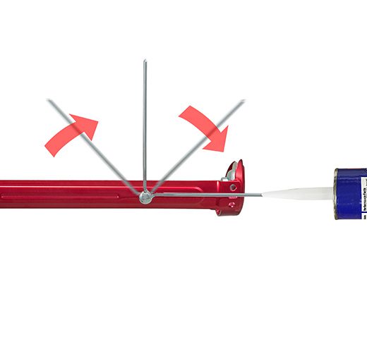 Pistolet à calfeutrer rouge avec embout de distribution, conçu pour appliquer des matériaux d'étanchéité.