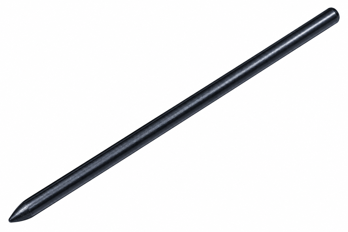 Black metal stake, long and thin, with a pointed tip, on a white background.