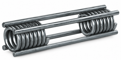 Silver metal spring with multiple coils, arranged horizontally on a white background.