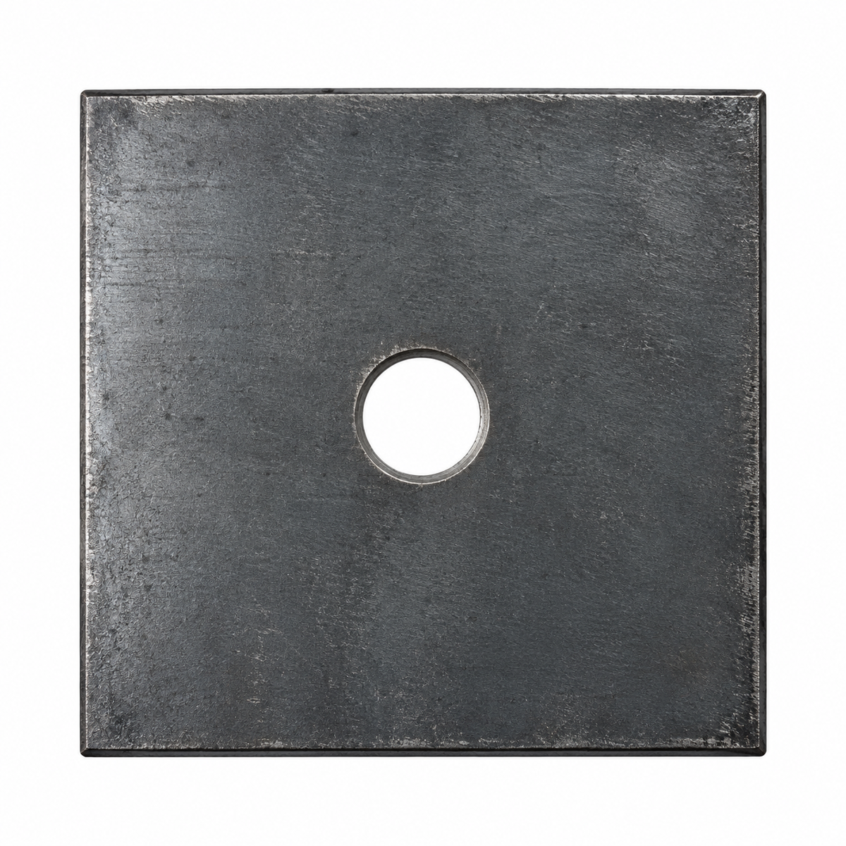 Plaque métallique carrée de couleur gris foncé avec un trou central, surface lisse et finition brute.