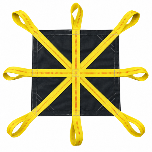 Heavy-duty snow tarpaulin with cross straps, designed for lifting and moving snow on job sites.