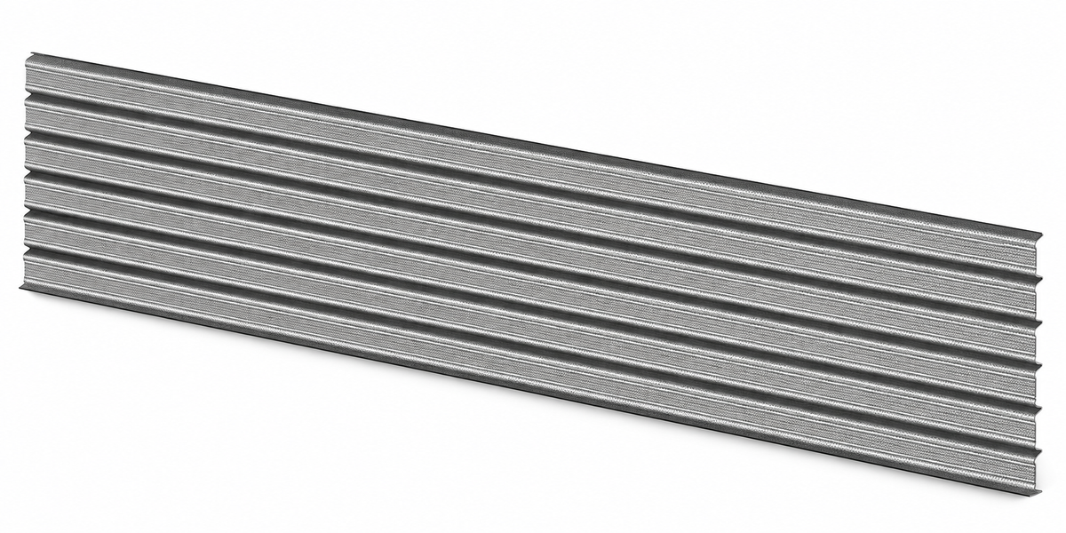 Profilé en métal ondulé argenté, long et rectangulaire, avec des rainures parallèles sur la surface.