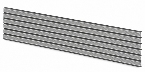 Silver corrugated metal profile, long and rectangular, with parallel grooves on the surface.