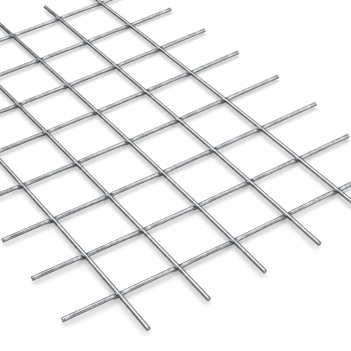 Grille en métal en treillis, finition argentée, avec des mailles carrées, vue de dessus sur fond blanc.