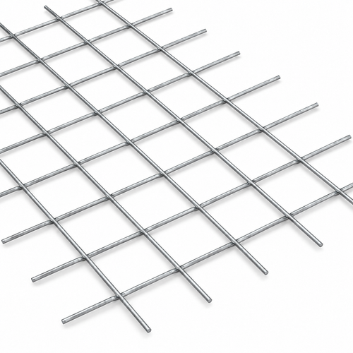 Grille en métal en treillis, finition argentée, avec des mailles carrées, vue de dessus sur fond blanc.