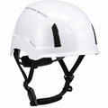 Casque de sécurité blanc avec des bandes noires, conçu pour la protection en milieu de travail, avec un système de réglage.