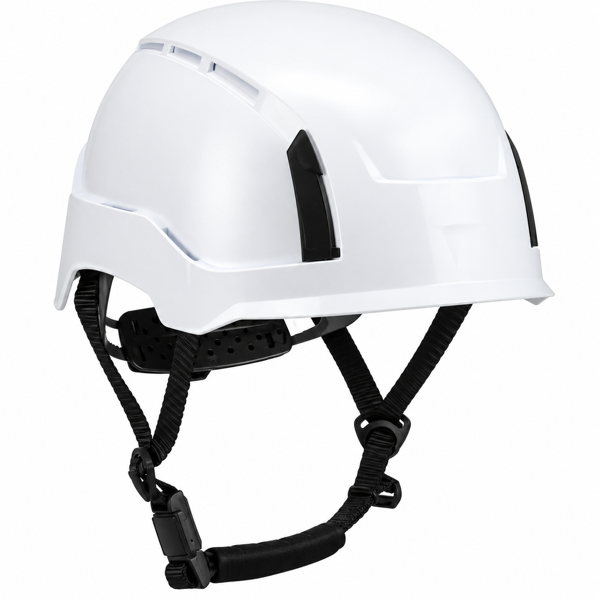 Casque de sécurité blanc avec des bandes noires, conçu pour la protection en milieu de travail, avec un système de réglage.