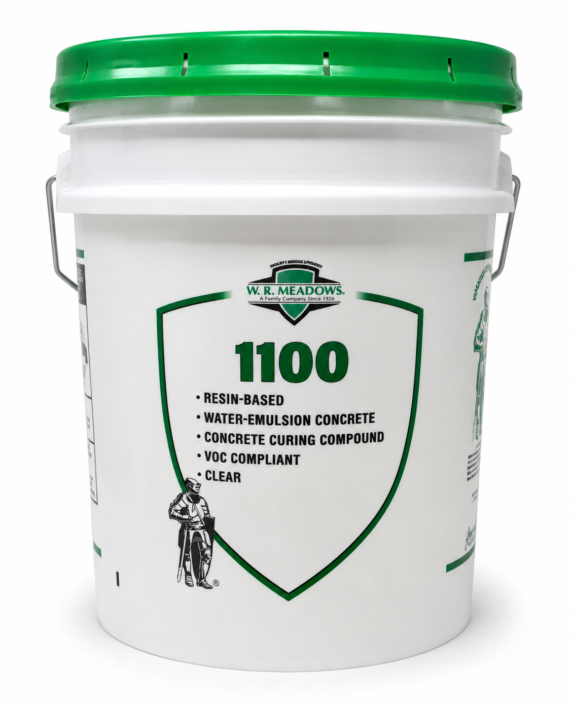 Seau de 19 litres de produit de cure de béton, résine à base d'eau, étiquette verte et blanche, conforme aux COV.
