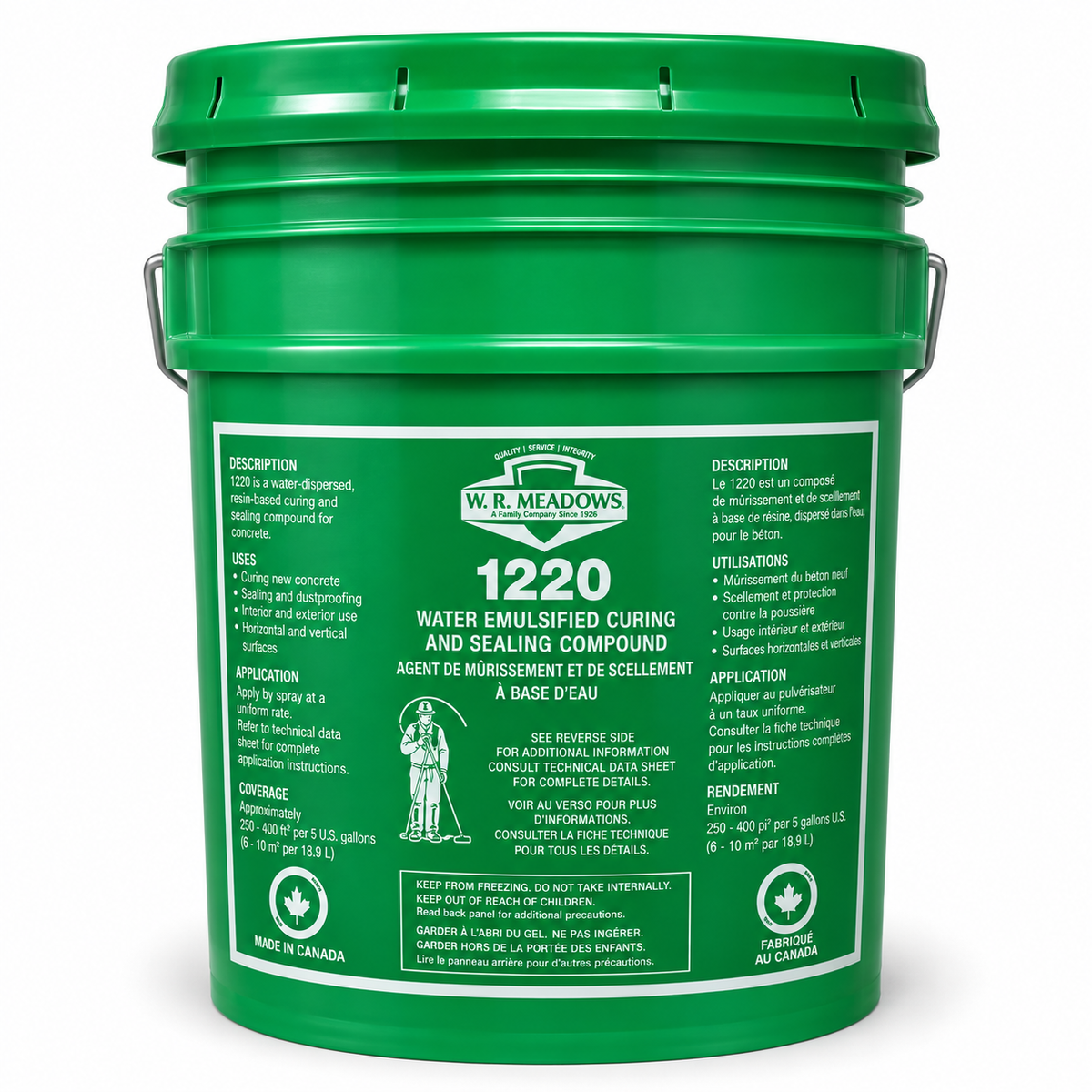 Seau vert de 19 litres contenant un agent de durcissement et de scellement à base d'eau, étiqueté W.R. Meadows 1220.