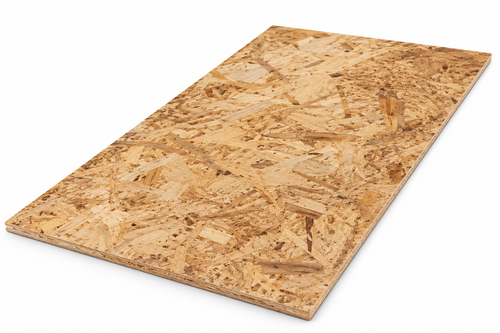 Panneau OSB Aspenite, couleur brun clair, texture rugueuse avec motifs de fibres visibles.
