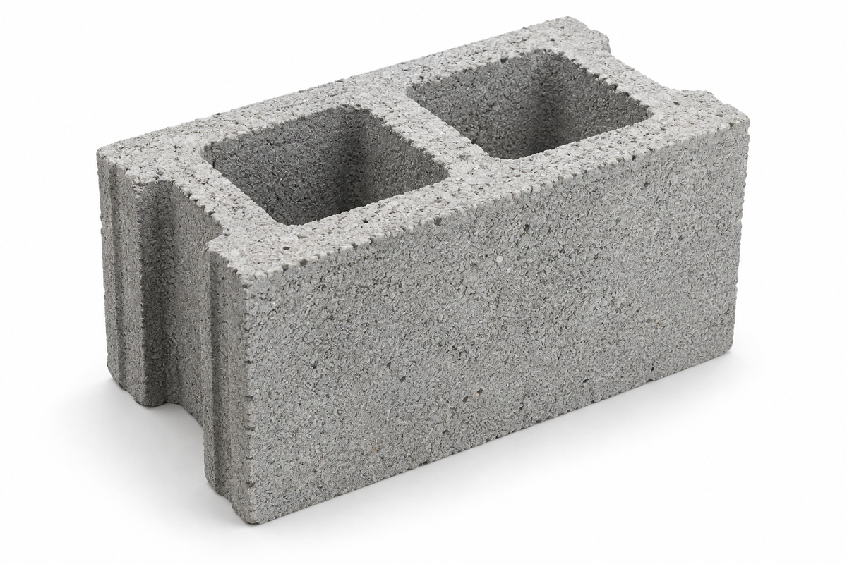 Bloc de béton gris avec deux cavités, conçu pour la construction de murs résistants au feu jusqu’à 2 heures.
