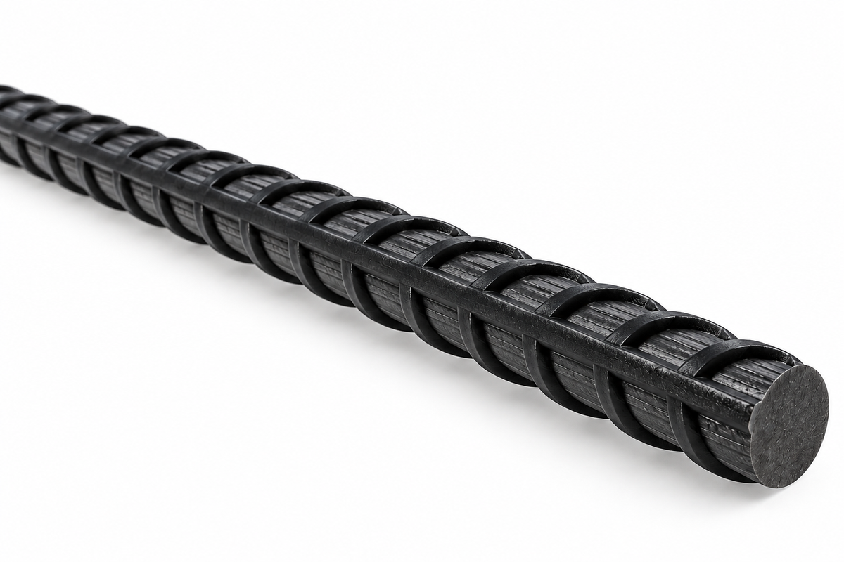 Barre d'acier noire avec des nervures, utilisée pour le renforcement dans la construction.