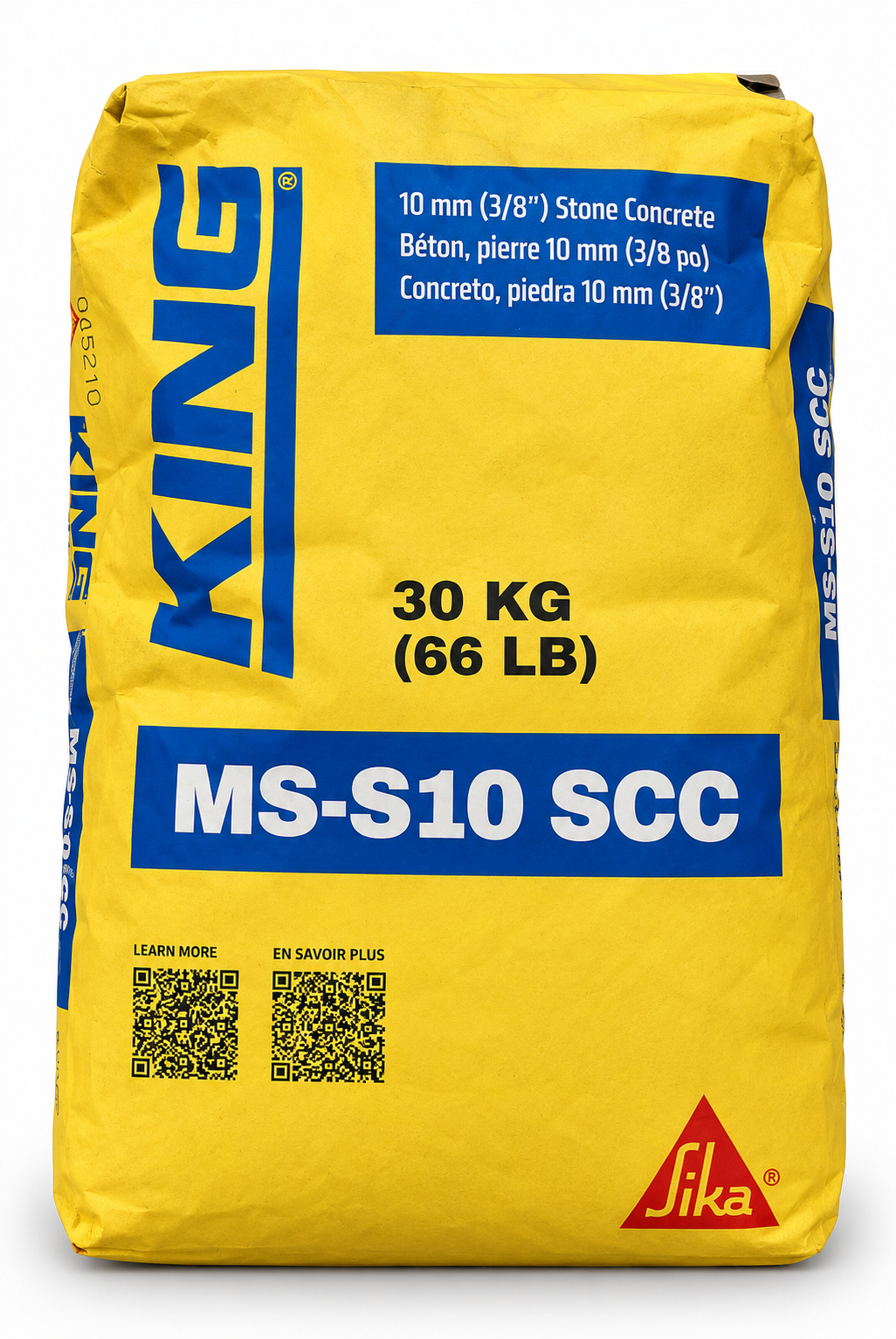 Sac de béton MS-S10 SCC de 30 kg (66 lb) avec étiquette jaune et logo KING, affichant des informations et codes QR.