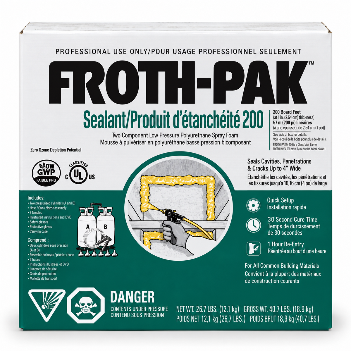 Trousse d'étanchéité Froth-Pak™ 200, contenant mousse à deux composants pour sceller les cavités murales.