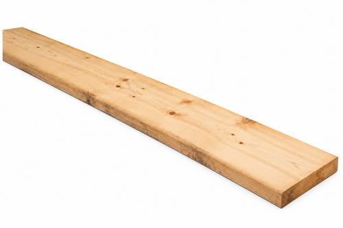 Planche en bois de pin, longue et rectangulaire, avec des nœuds visibles et une finition naturelle.