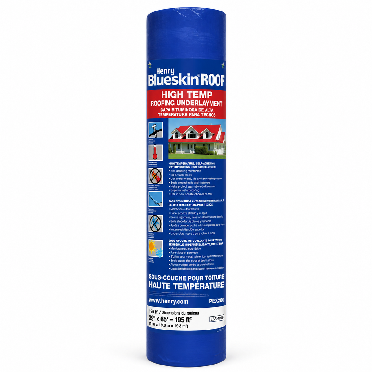 Sous-couche de toiture bleue, enroulée sur un rouleau, conçue pour haute température avec surface antidérapante.