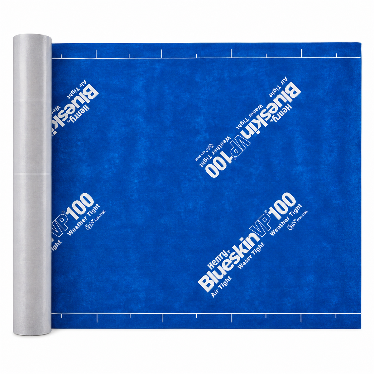 Membrane pare-air et pare-pluie bleue, enroulée sur un rouleau, avec marquages blancs.