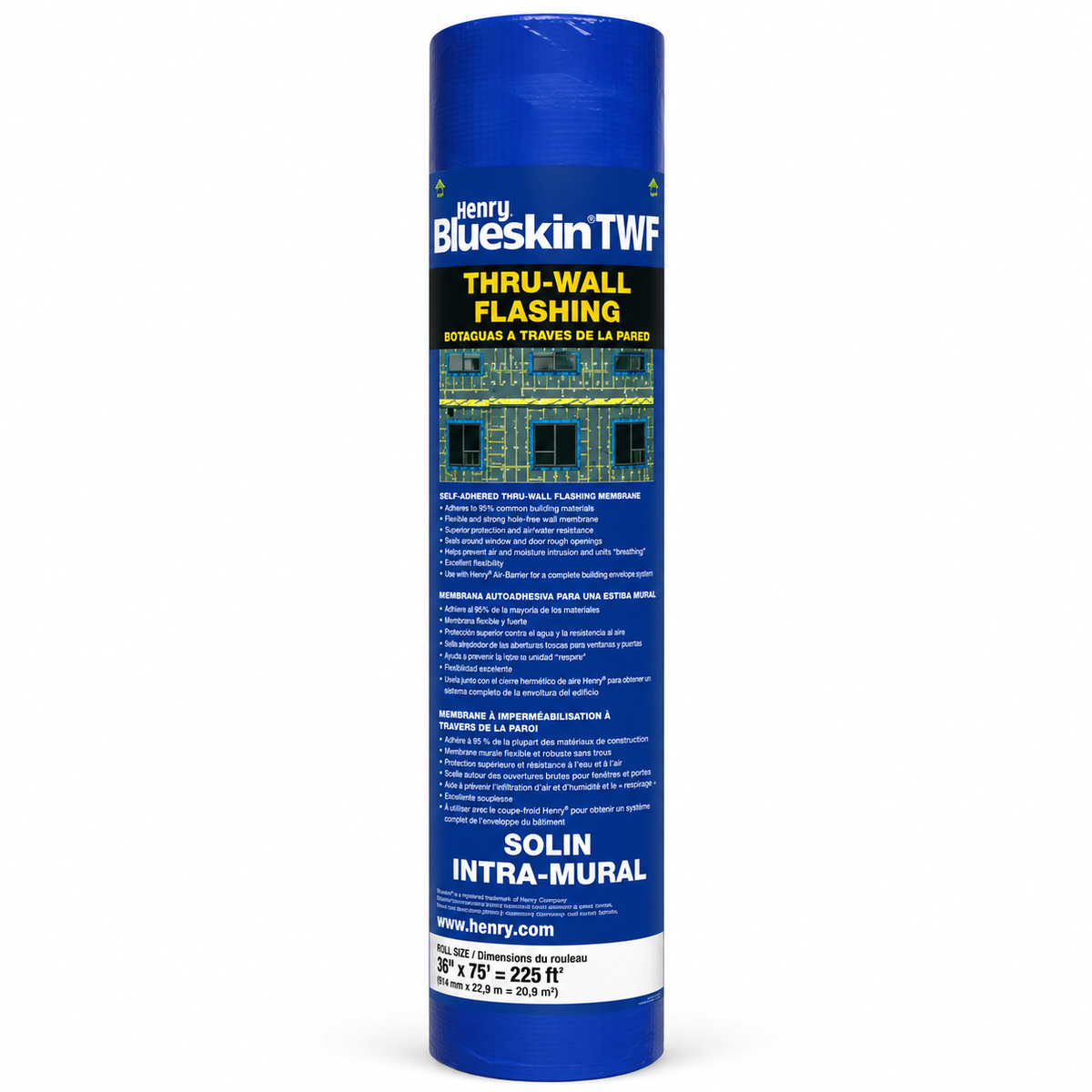 Membrane de solin autoadhésive jaune, enroulée sur un rouleau, conçue pour installation murale.