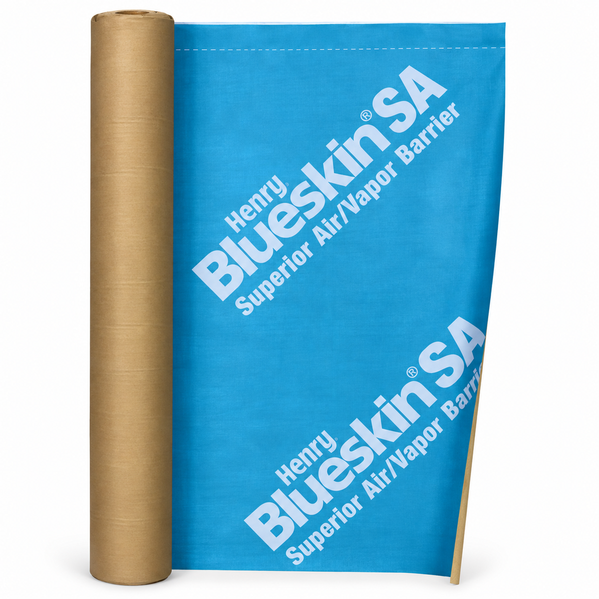 Membrane de barrière à air/vapeur bleue, enroulée sur un rouleau avec un fond brun.