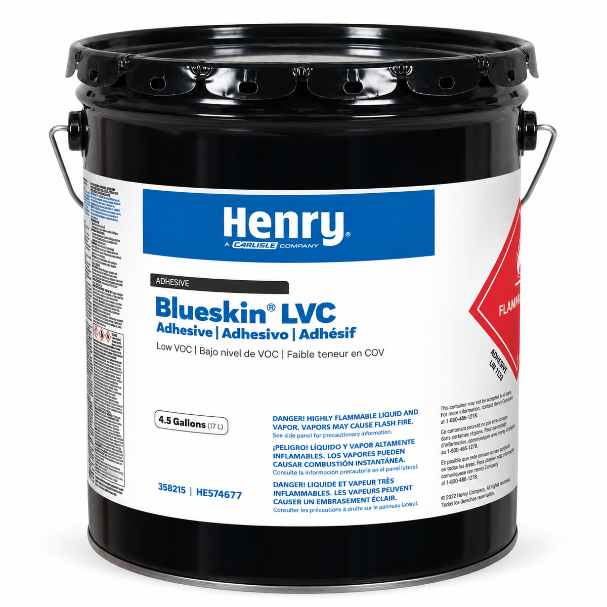 Seau noir de 4,5 gallons d'adhésif Henry Blueskin LVC, avec étiquette de sécurité et avertissements.