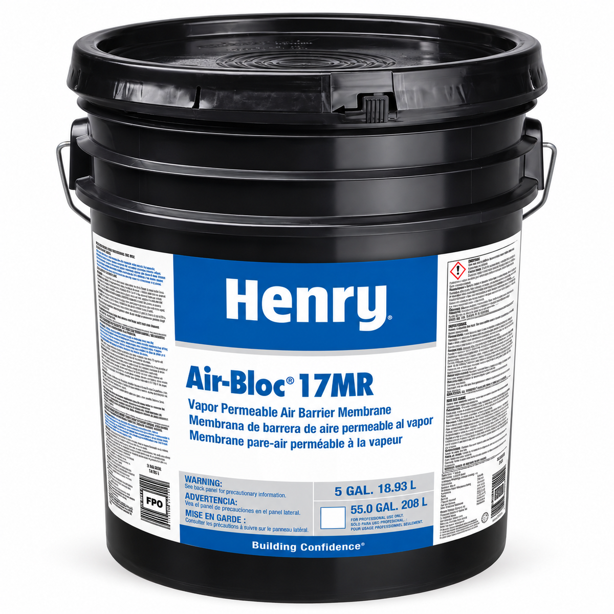 Seau noir de 5 gallons de membrane barrière de vapeur Air-Bloc 17MR de Henry, avec étiquette bleue et blanche.