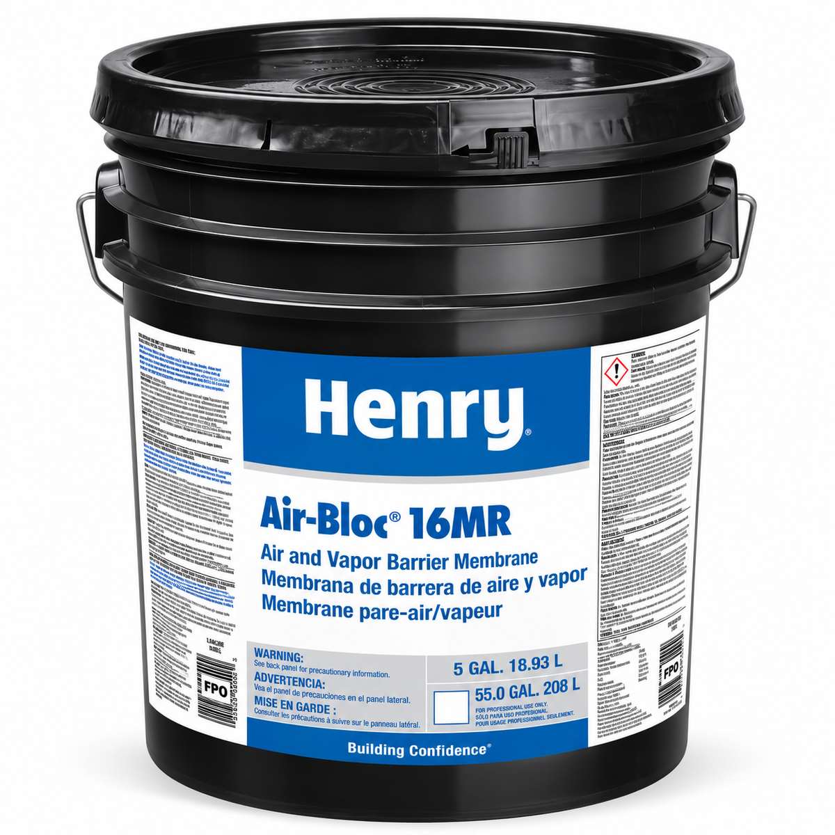Seau noir de 18,93 L de membrane Air et barrière de vapeur Henry, avec étiquette et avertissements visibles.