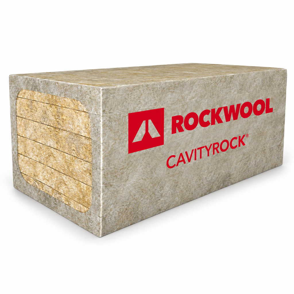 Bloc de laine minérale Cavityrock de Rockwool, couleur beige avec logo rouge, utilisé pour l'isolation.