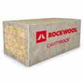 Bloc de laine minérale Cavityrock de Rockwool, couleur beige avec logo rouge, utilisé pour l'isolation.