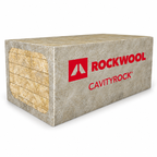 Bloc de laine minérale Cavityrock de Rockwool, couleur beige avec logo rouge, utilisé pour l'isolation.