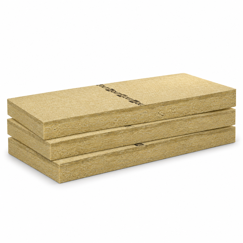 Blocs de laine de roche empilés, couleur beige, utilisés pour l'isolation thermique et acoustique.