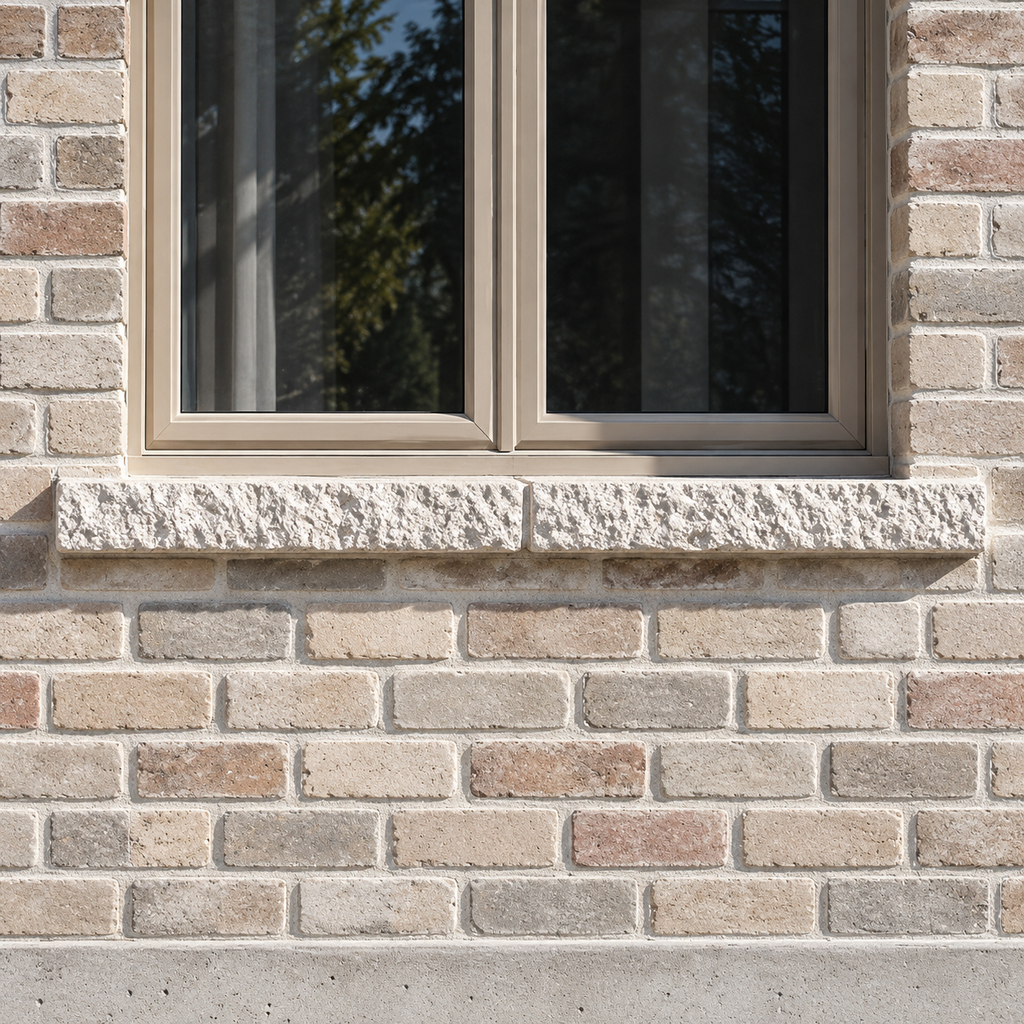 Appui de fenêtre en béton préfabriqué avec finition à face éclatée, conçu pour les ouvertures de maçonnerie.