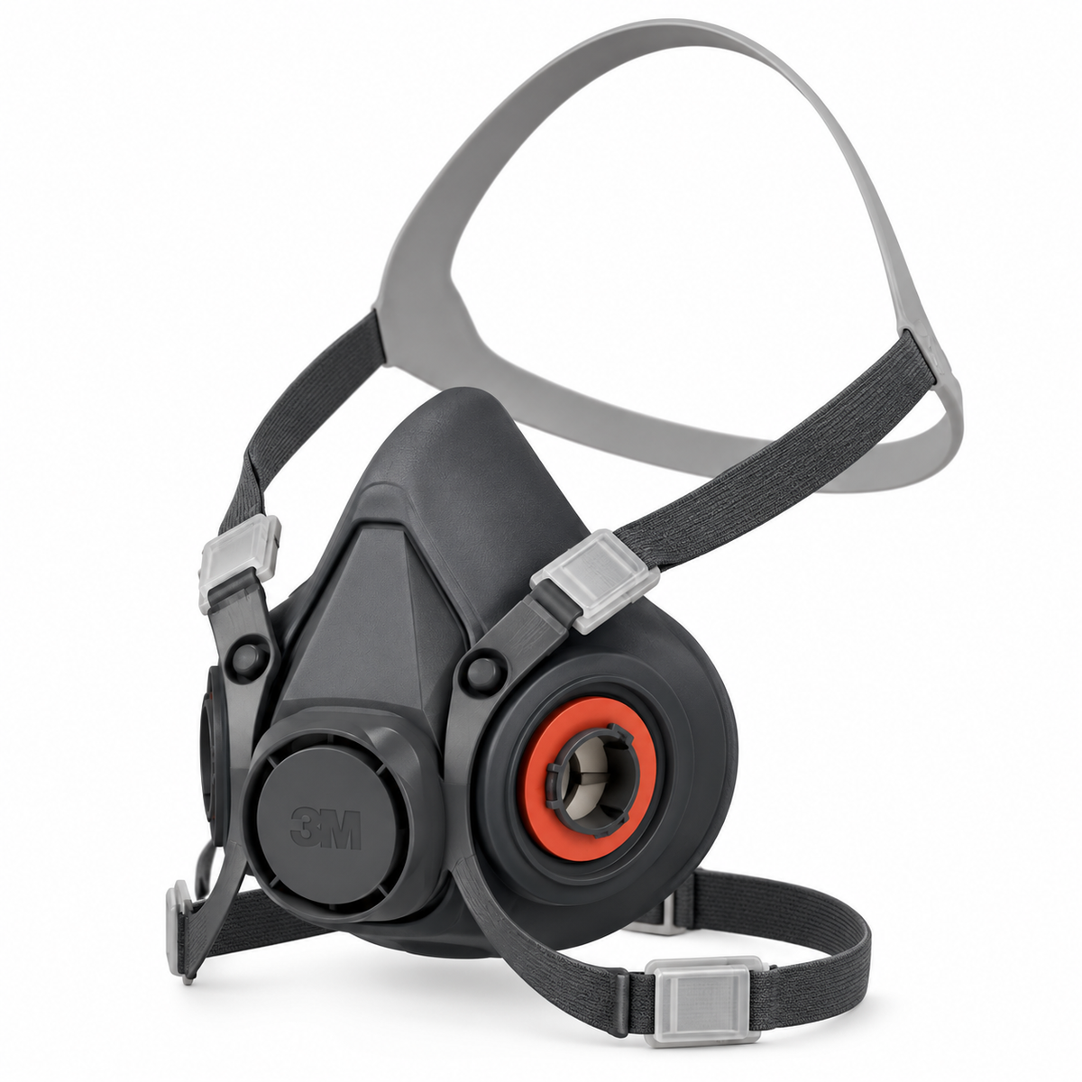 Masque de protection respiratoire noir avec des sangles grises et des filtres, conçu pour la sécurité en milieu de travail.