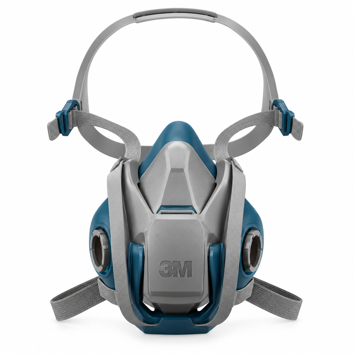 Masque de protection respiratoire 3M, couleur grise et bleue, avec sangles ajustables et filtres latéraux.