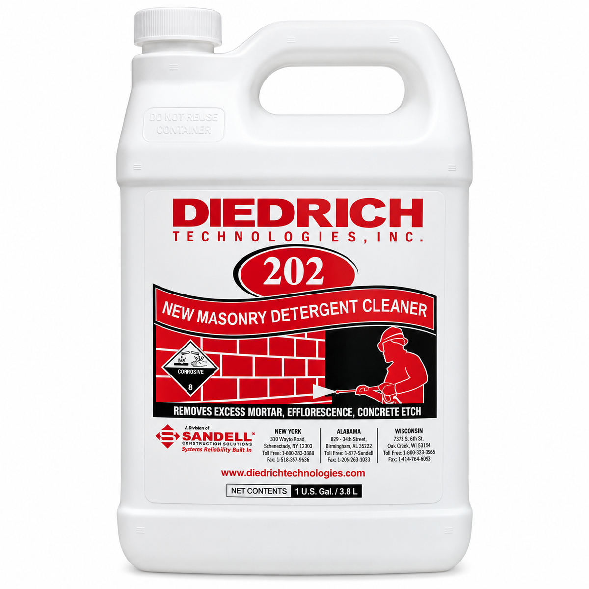 Détachant pour maçonnerie Diedrich 202 en bouteille de 3,78 L, étiquette rouge et noire, avec instructions d'utilisation.