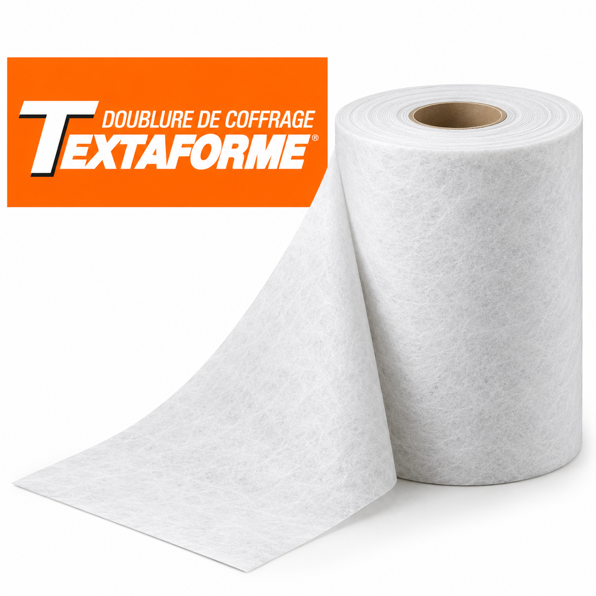 Doublure de coffrage Textaforme, rouleau de matériau blanc, surface lisse, enroulé sur un tube en carton.
