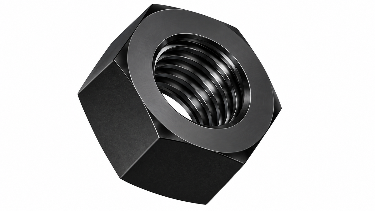 Écrou en métal noir avec filetage intérieur, forme hexagonale, sur fond blanc.