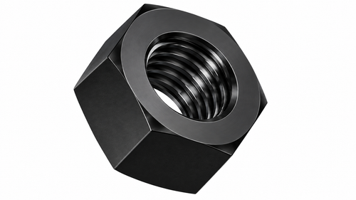 Black metal nut with internal threading, hexagonal shape, on a white background.