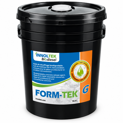 18.9 L black bucket of biodegradable FORM-TEK form oil, with orange and green label.