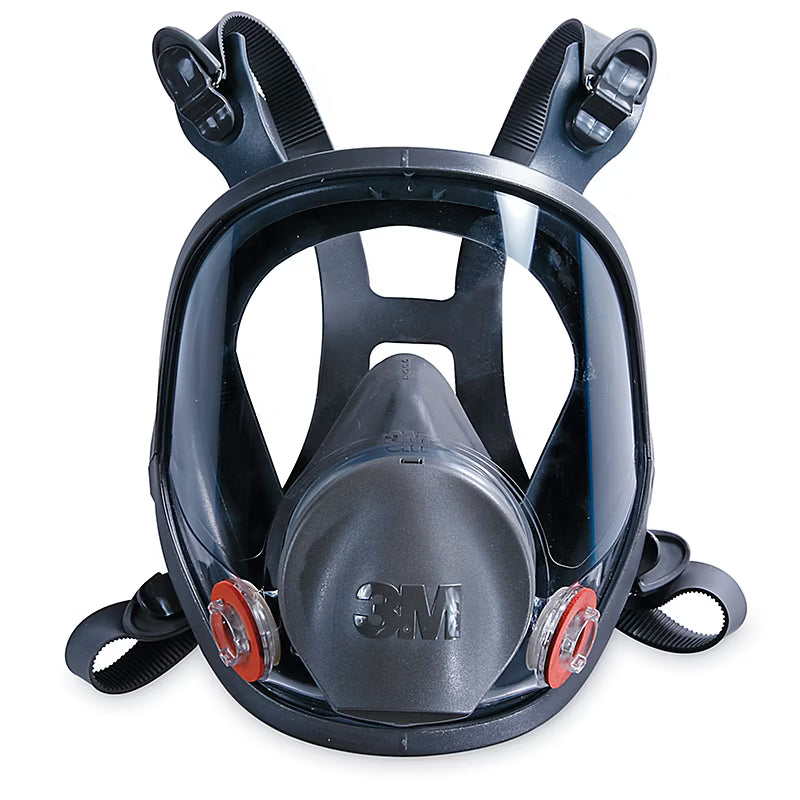 Masque respiratoire 3M, noir, avec visière transparente et valves d'expiration rouges, conçu pour la protection respiratoire.