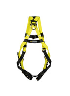 Harnais de sécurité jaune vif avec des sangles noires, conçu pour le travail en hauteur, avec un anneau en D au centre.