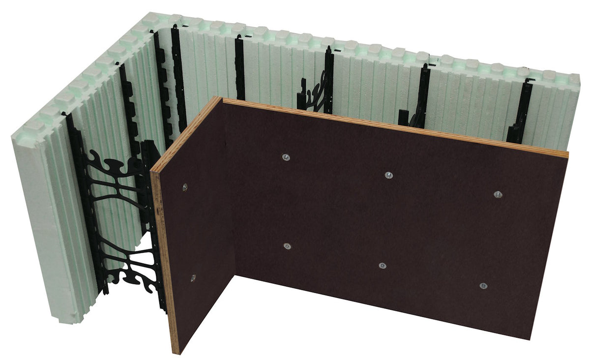 Module de coin isolant en polystyrène expansé, montrant une structure de mur en construction.