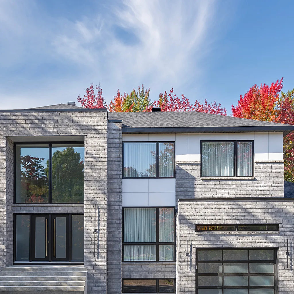 Pierre de béton grise avec texture légèrement ciselée, parfaite pour revêtement de façade.
