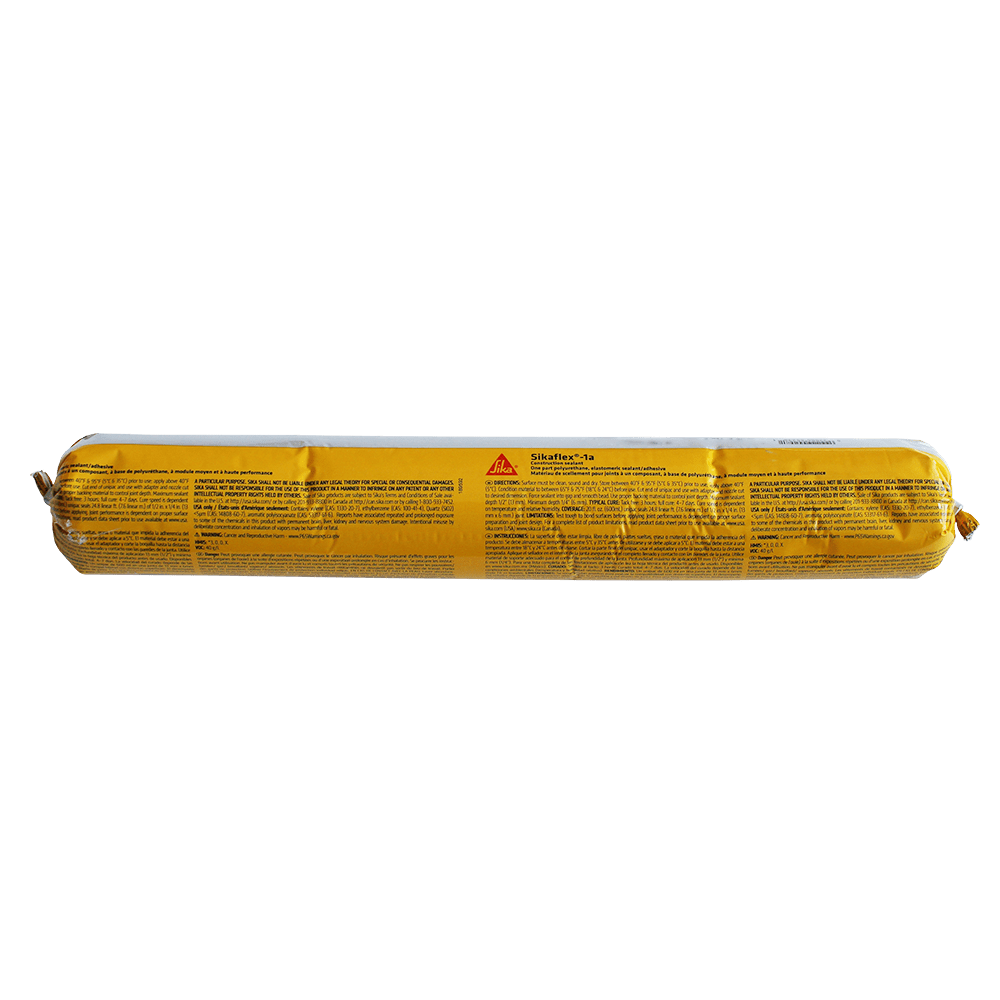 Tube de mastic Sika Sikaflex 1a, couleur jaune, emballé dans un film plastique transparent.