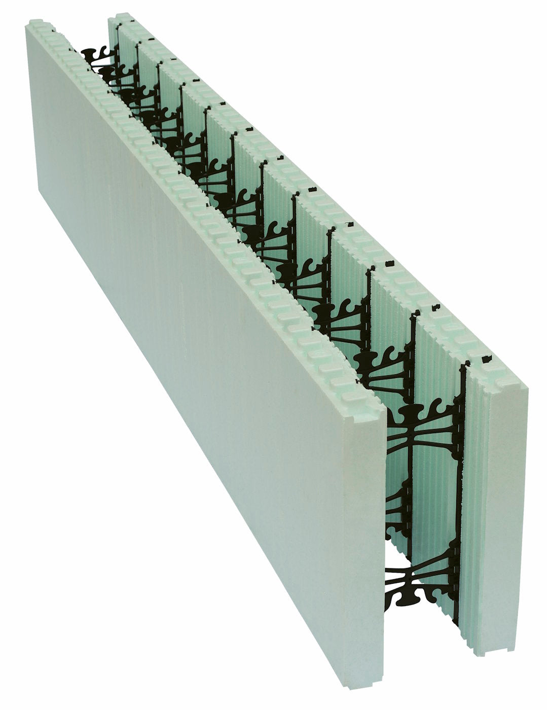 Panneaux isolants en polystyrène expansé avec supports en plastique, disposés en rangée, sur fond blanc.